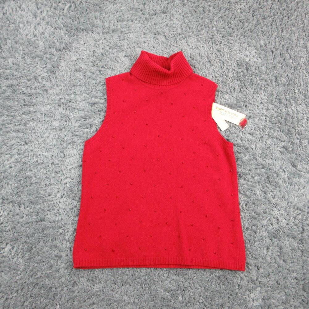Jones New York Country Vest Womens L Red Turtleneck Beaded Tight-Knit NWT